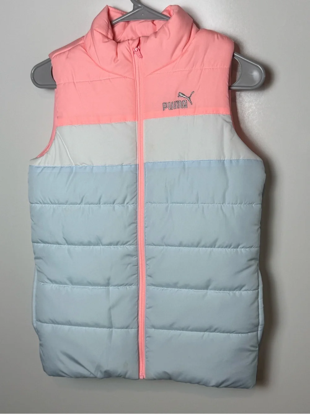 Puma Girls M 10/12 Y2K Puffer Vest Pink Blue Colorblock Streetwear Jacket